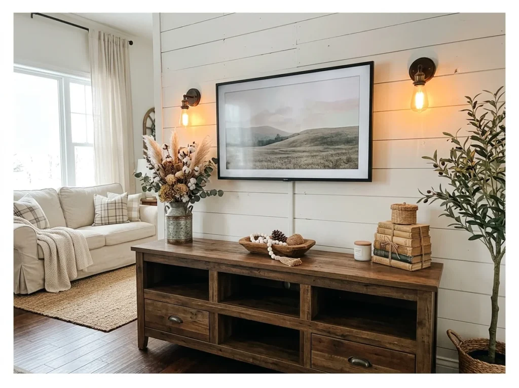 Farmhouse TV Stand with Shiplap Wall