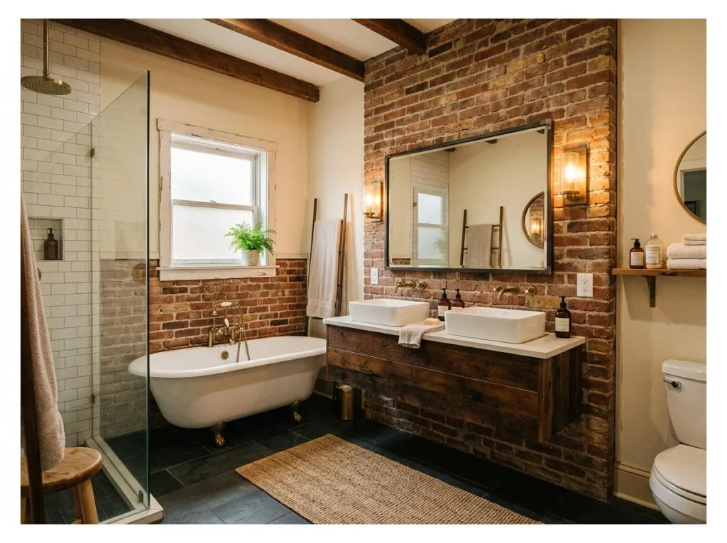 Farmhouse Bathroom with Exposed Brick