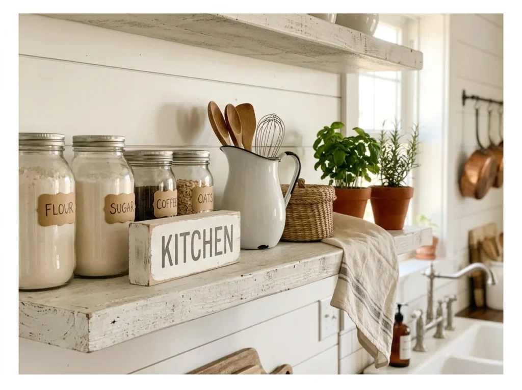 Farmhouse-Style Shelf Styling