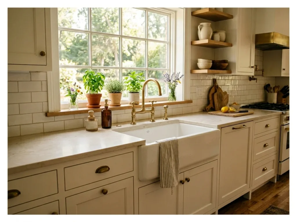 Apron Sink in Warm White Kitchen