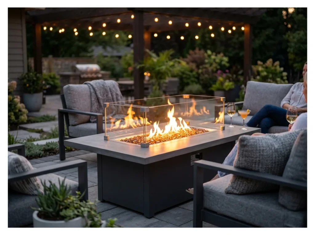 Fire Pit Table with Glass Wind Guard Glow