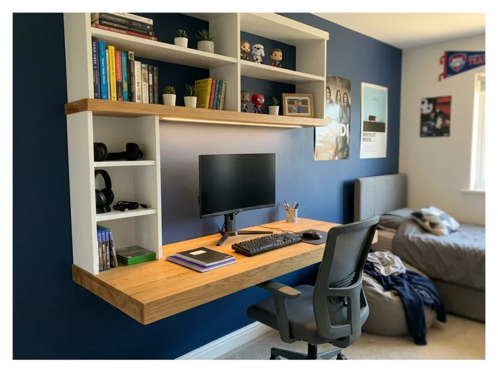 Floating Desk with Built-In Shelving