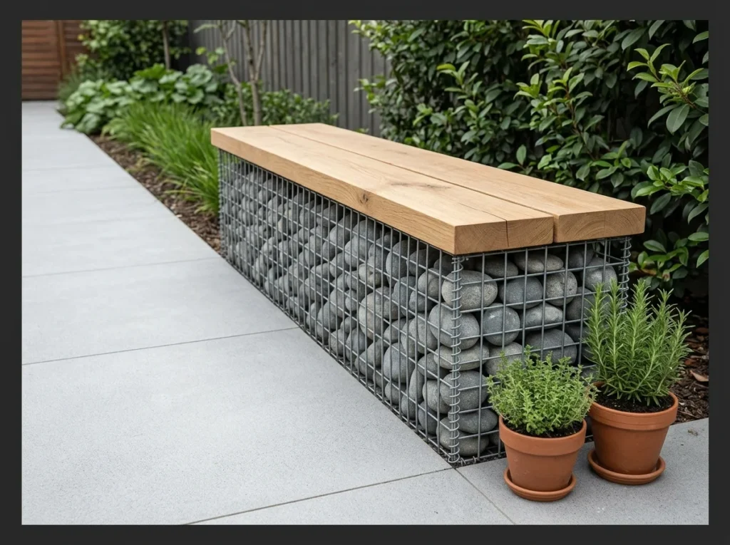 Gabion Stone Bench with Wood Cap