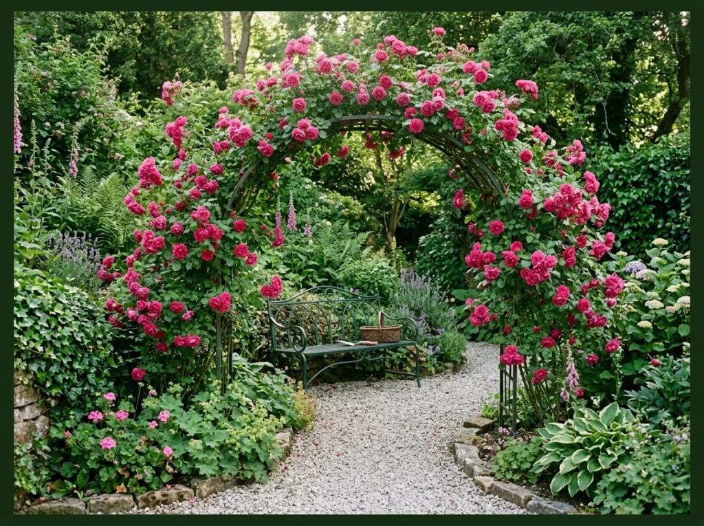 Garden Bench Tucked in Lush Greenery
