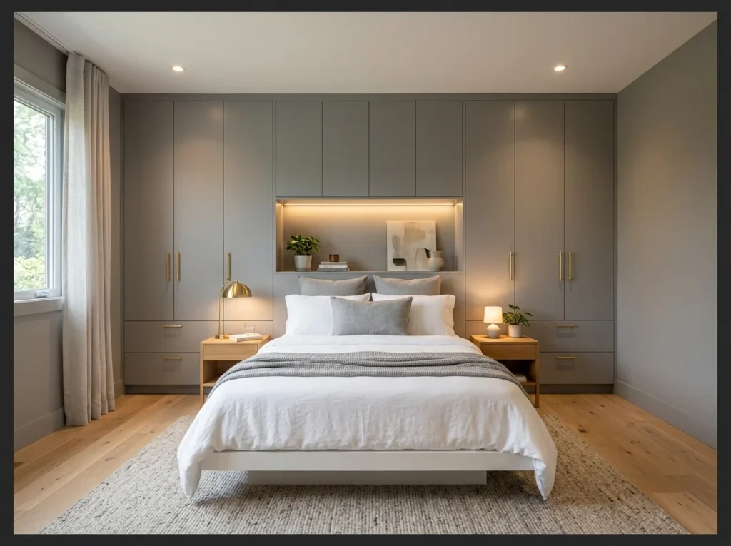 Gray Bedroom with Built-In Storage