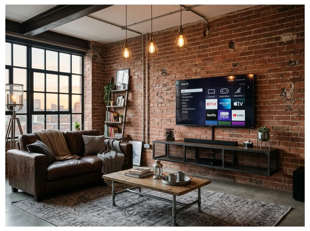 Industrial Brick and Metal TV Wall