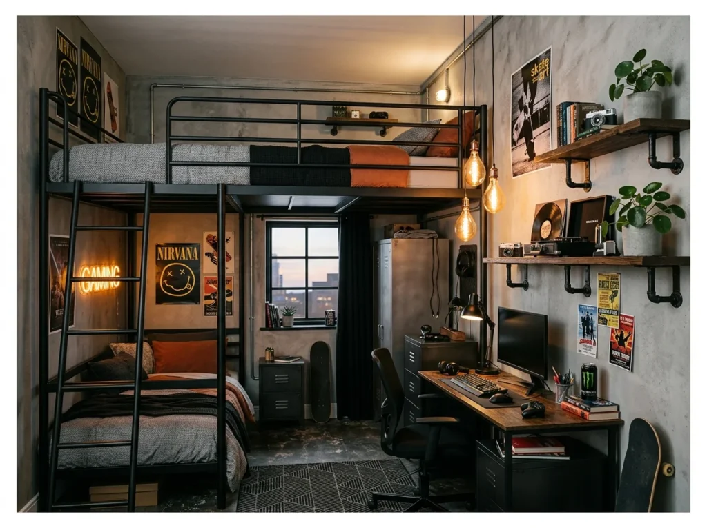 Concrete and Metal Industrial Bedroom