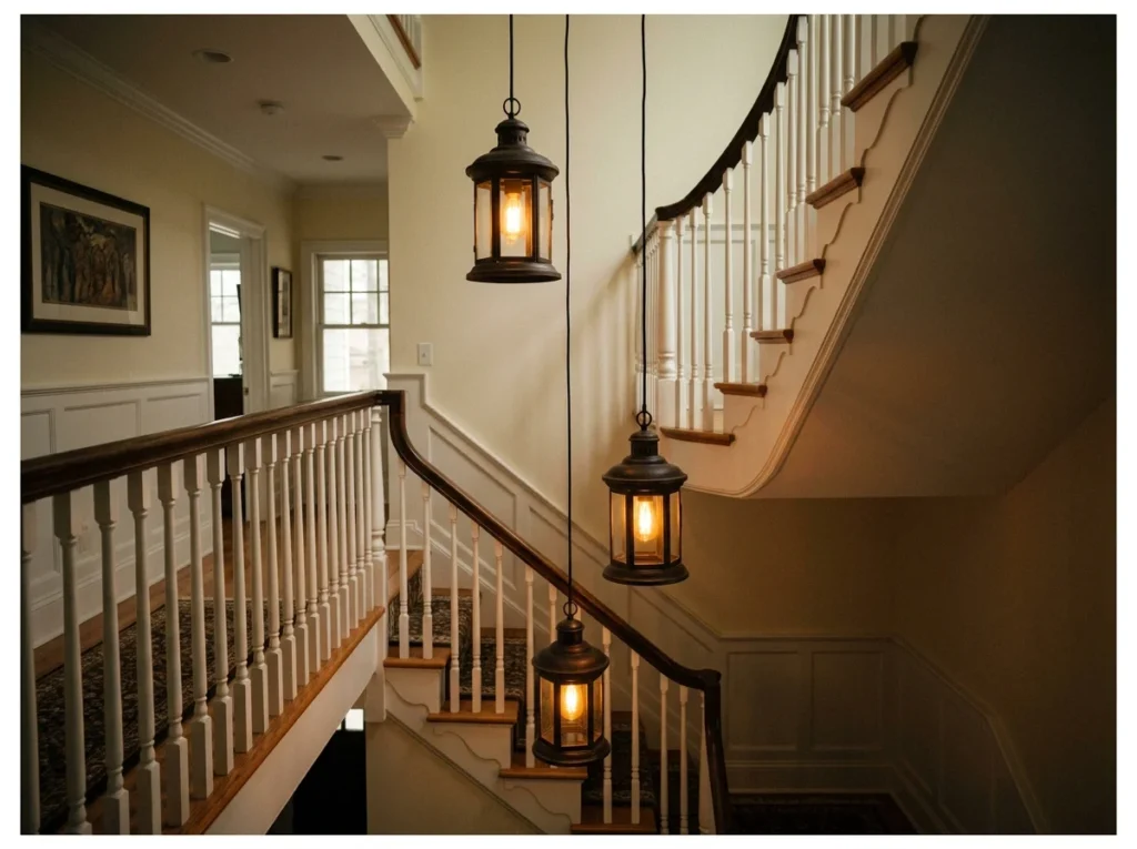 Lantern Pendants in a Row Down the Stairwell