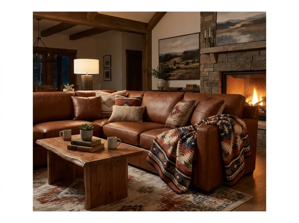 Leather Sofa with Woven Throw Blankets