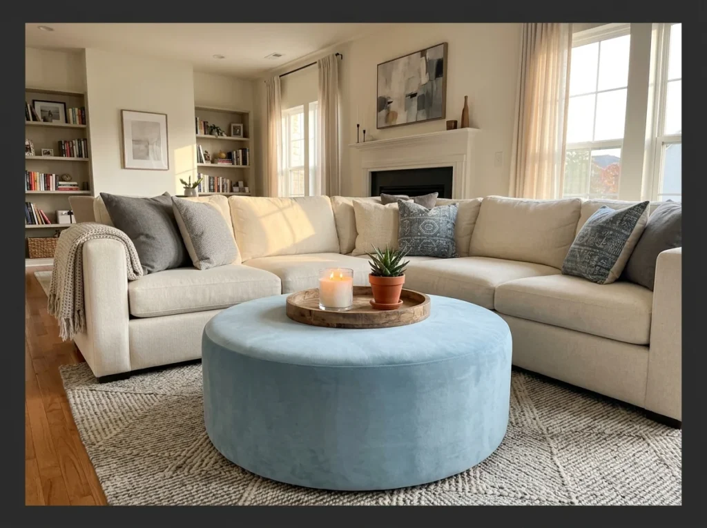 Light Blue Ottoman as Room Centerpiece