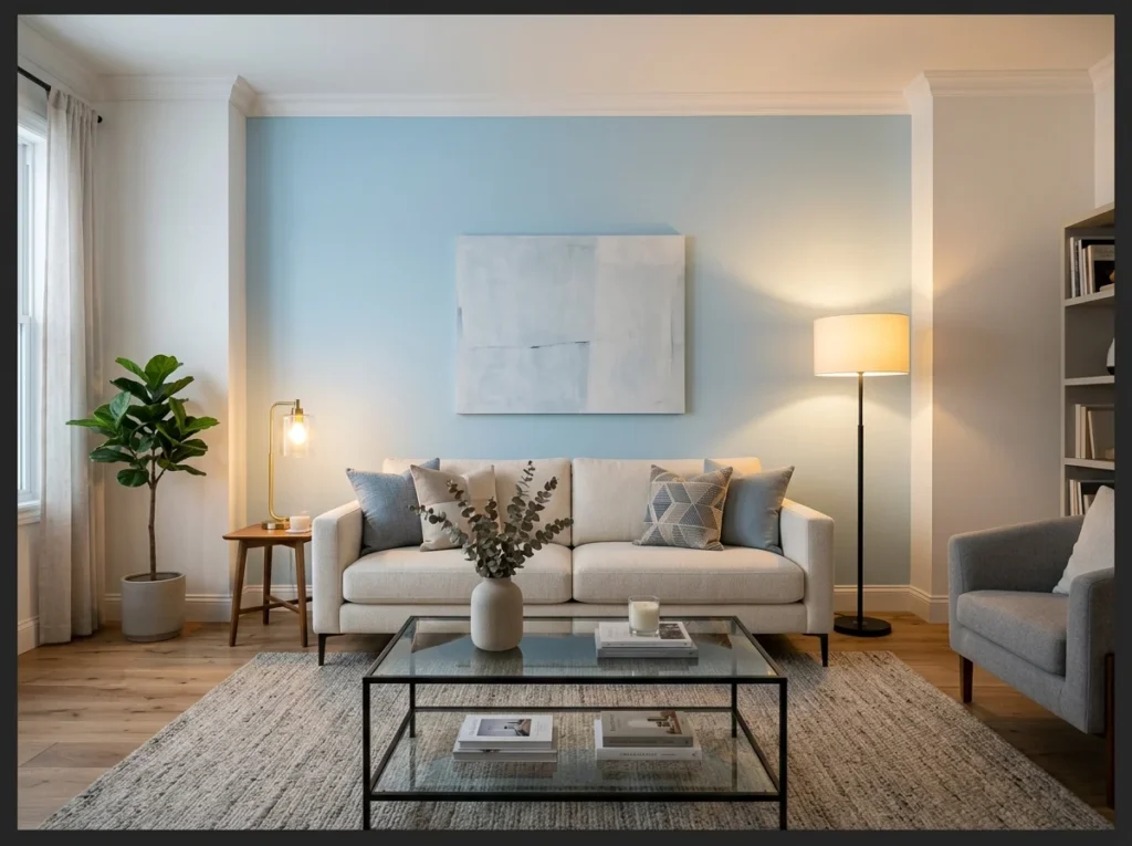 Light Blue Accent Wall Behind the Sofa