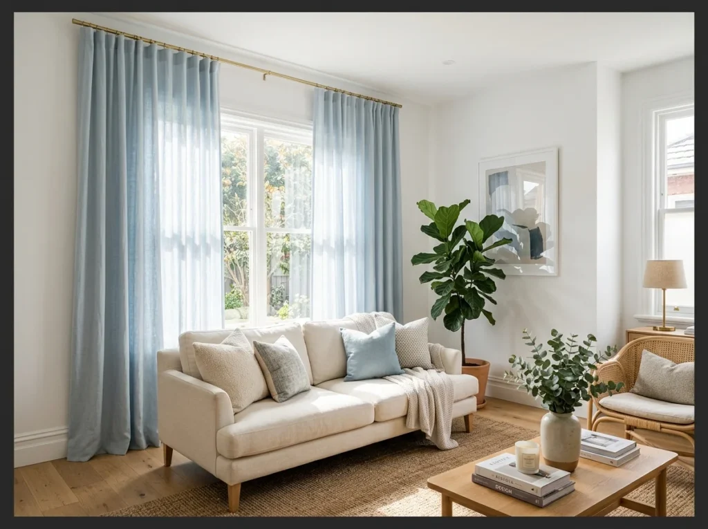 Light Blue Curtains on White Walls