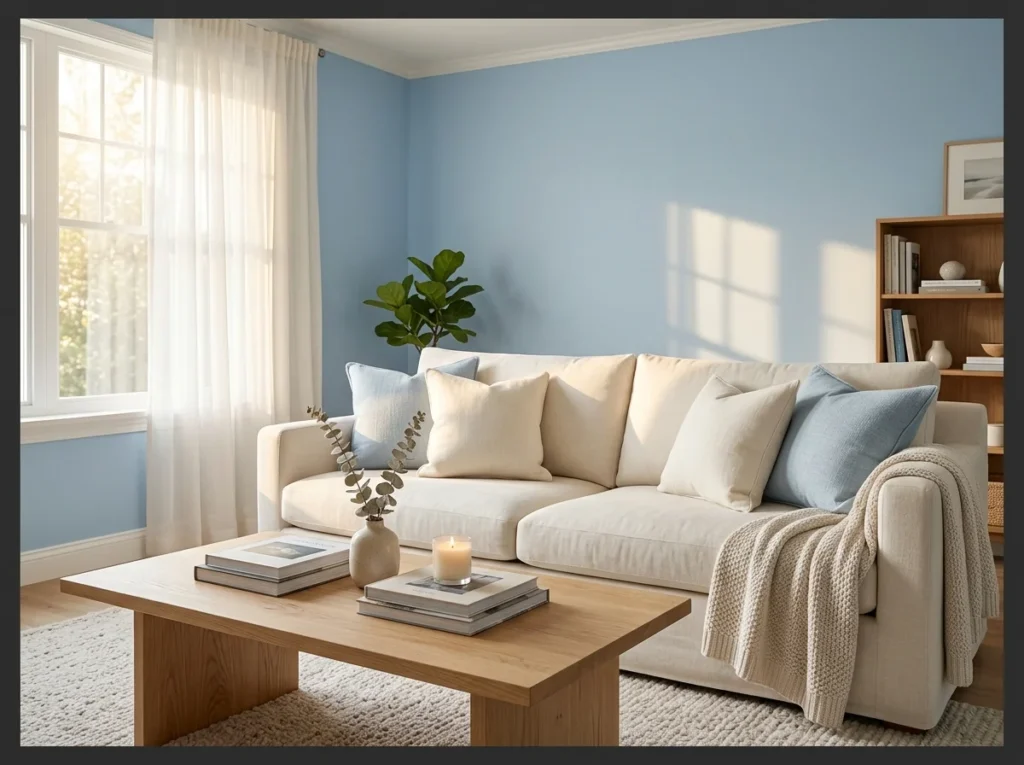 Powder Blue Walls with Cream Linen Sofa
