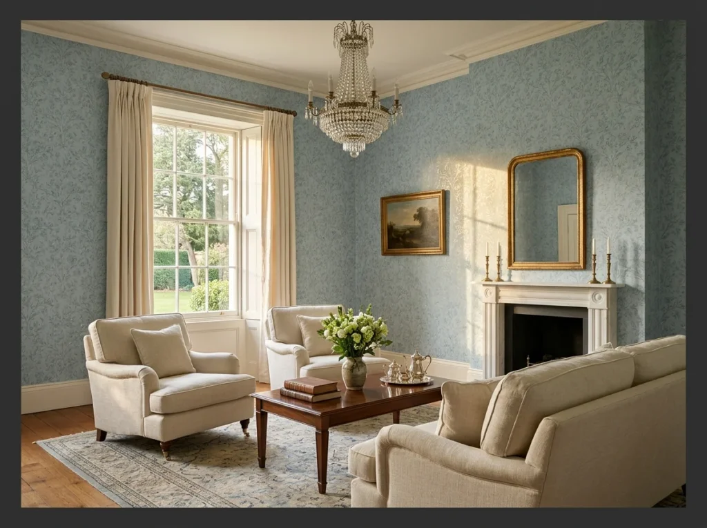 Dusty Blue Walls with Dark Walnut Furniture