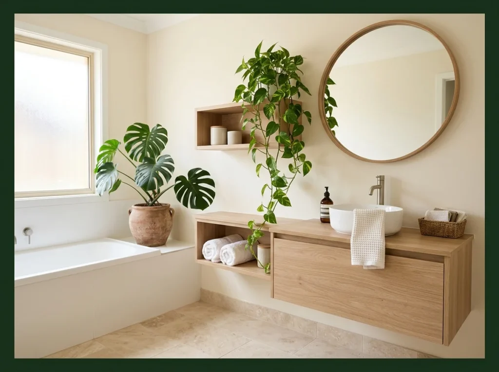 Neutral Bathroom with Statement Green Plants