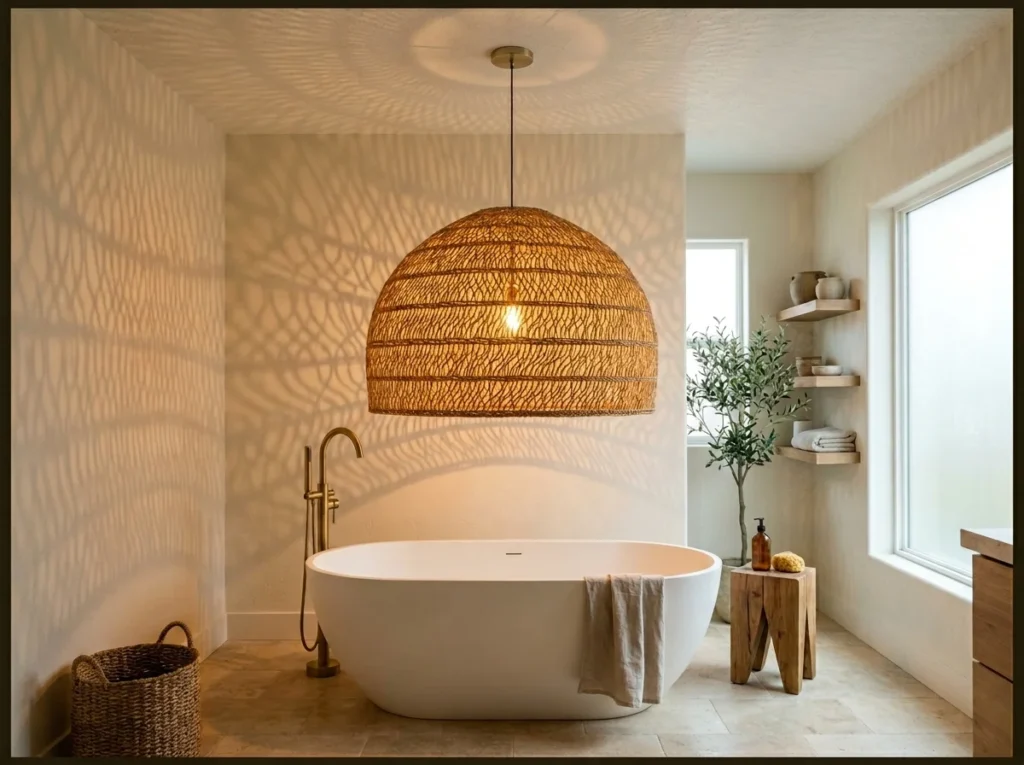 Neutral Bathroom with Woven Pendant Light
