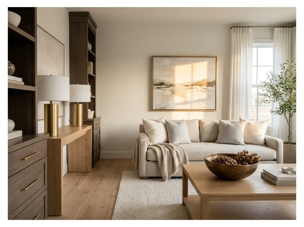 Neutral Living Room with Warm Metals