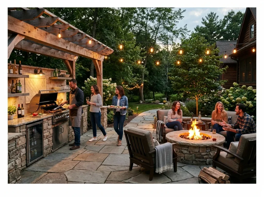 Outdoor Kitchen with Fire Pit Integration