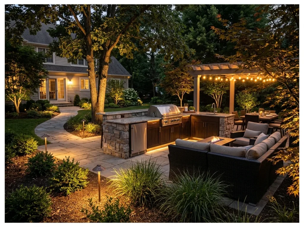 Outdoor Kitchen with Night Landscape Lighting