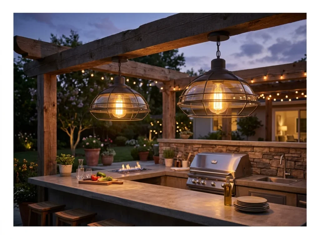 Outdoor Kitchen with Pendant Lighting