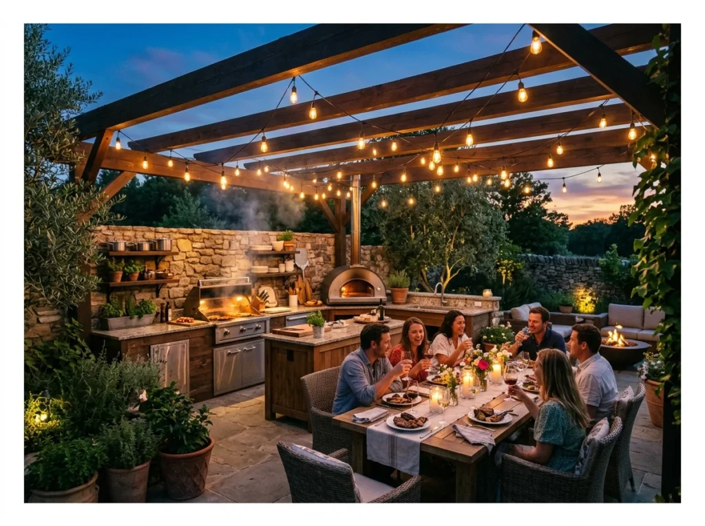 Outdoor Kitchen with String Lights