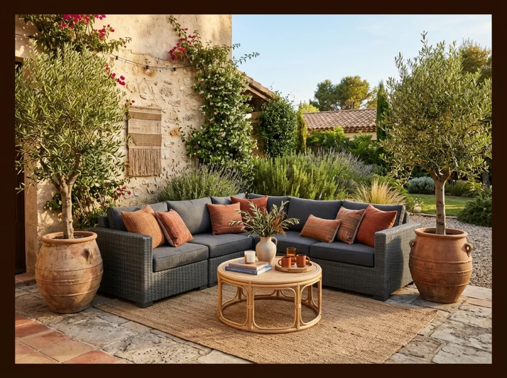 Outdoor Sectional with Terracotta Accents