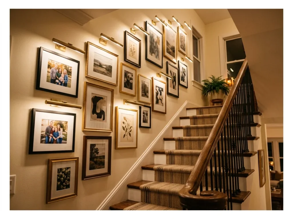 Picture Light Gallery Wall on the Stairs