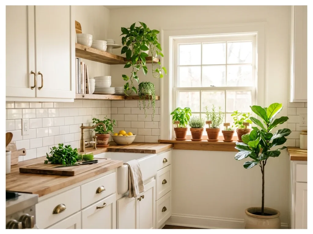 Plants and Fresh Herbs in White Kitchen