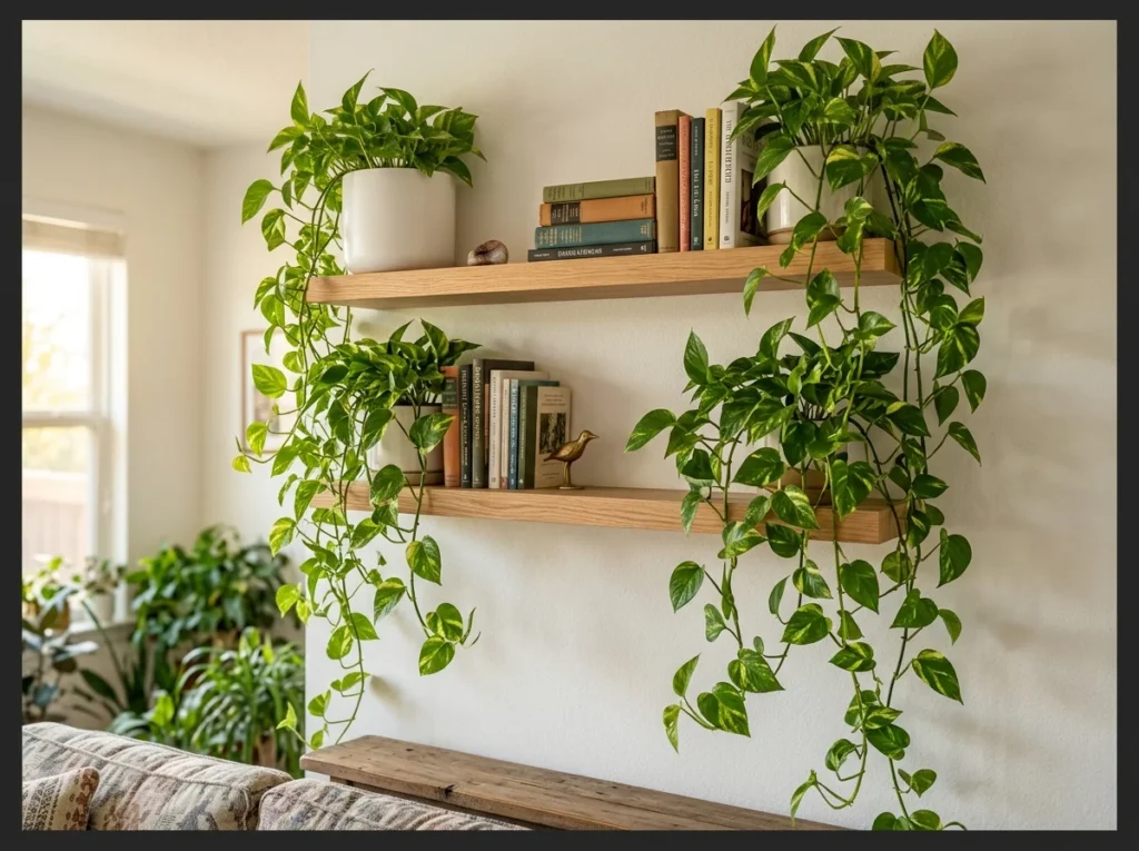 Cascading Pothos on Floating Shelves