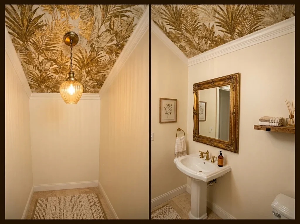 Neutral Powder Room with Wallpapered Ceiling