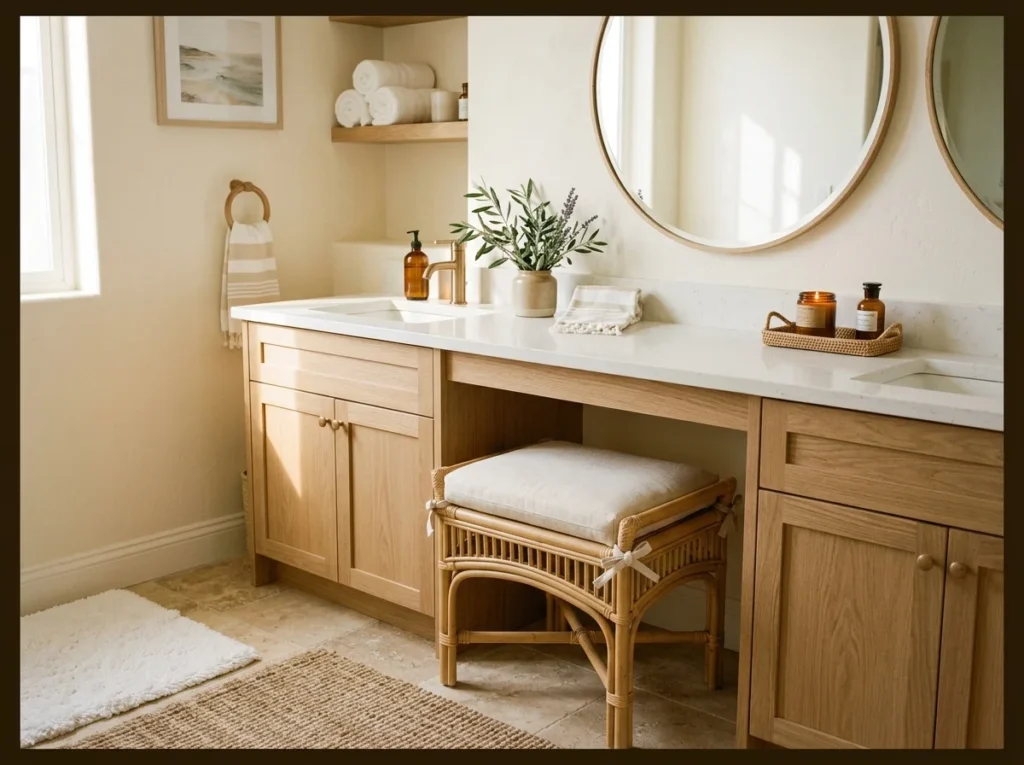 Cream and Rattan Vanity Stool Combo