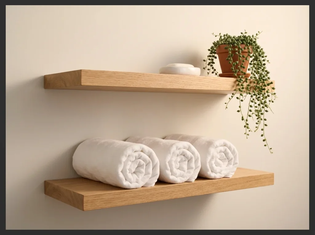 Layered White Towel Display on Open Shelves