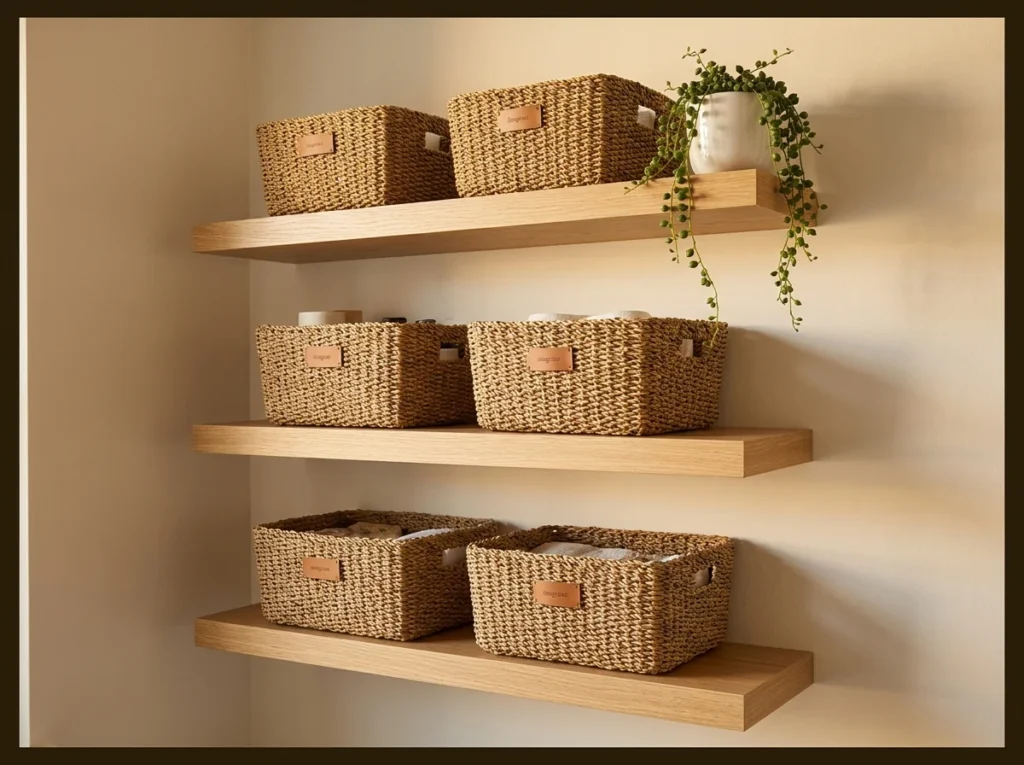 Woven Basket Collection on Open Shelves
