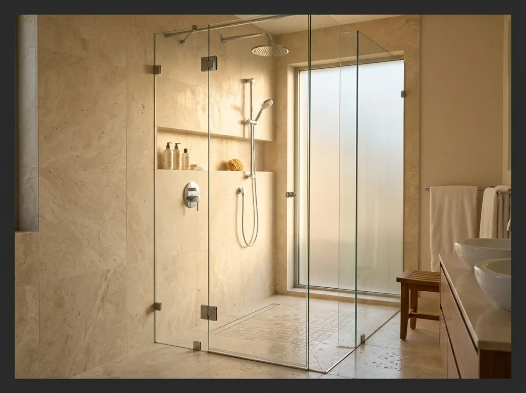 Travertine Shower Wall with Glass Enclosure