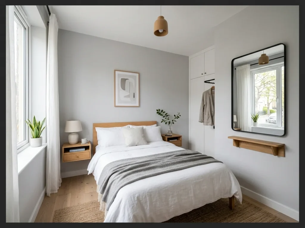Small Gray Bedroom with Smart Layout