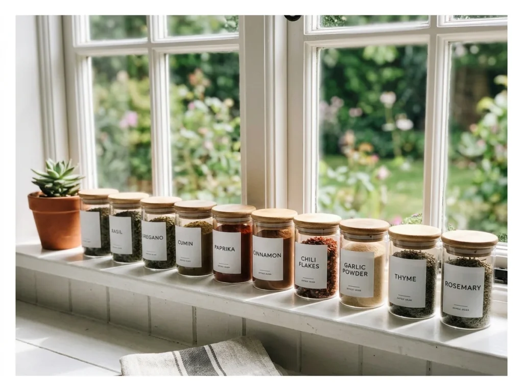 Kitchen Window Sill with Spice Jars