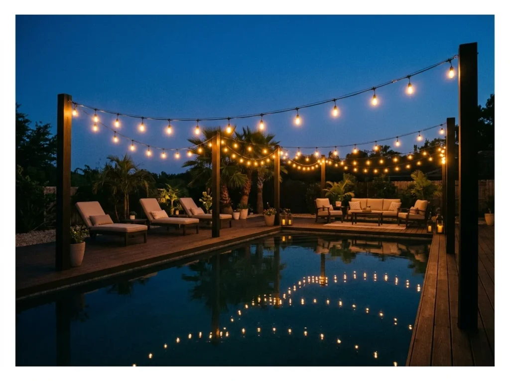 String Lights Above the Pool Deck