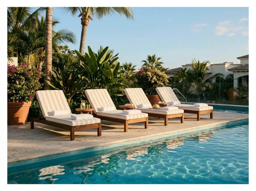 Cushioned Sun Loungers in a Row