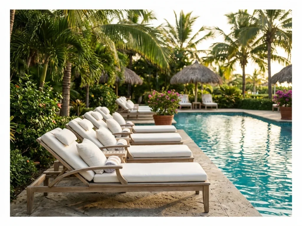 Teak Loungers with White Cushions