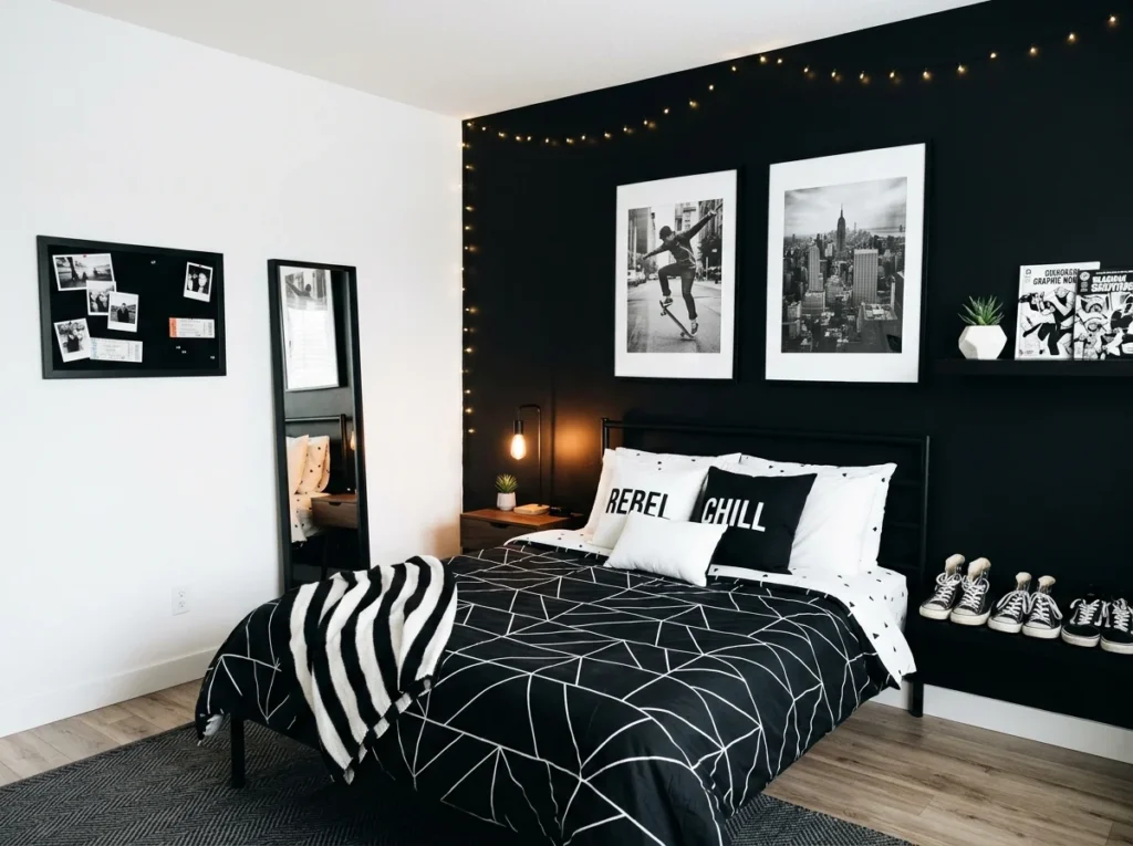 Black and White Bedroom with Bold Art