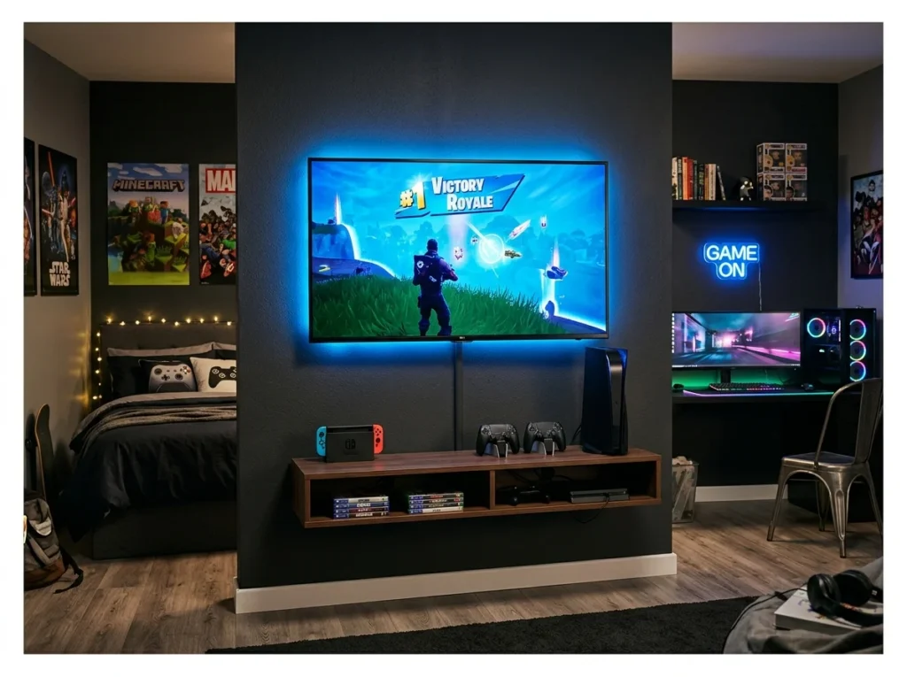 Wall-Mounted TV and Console Setup