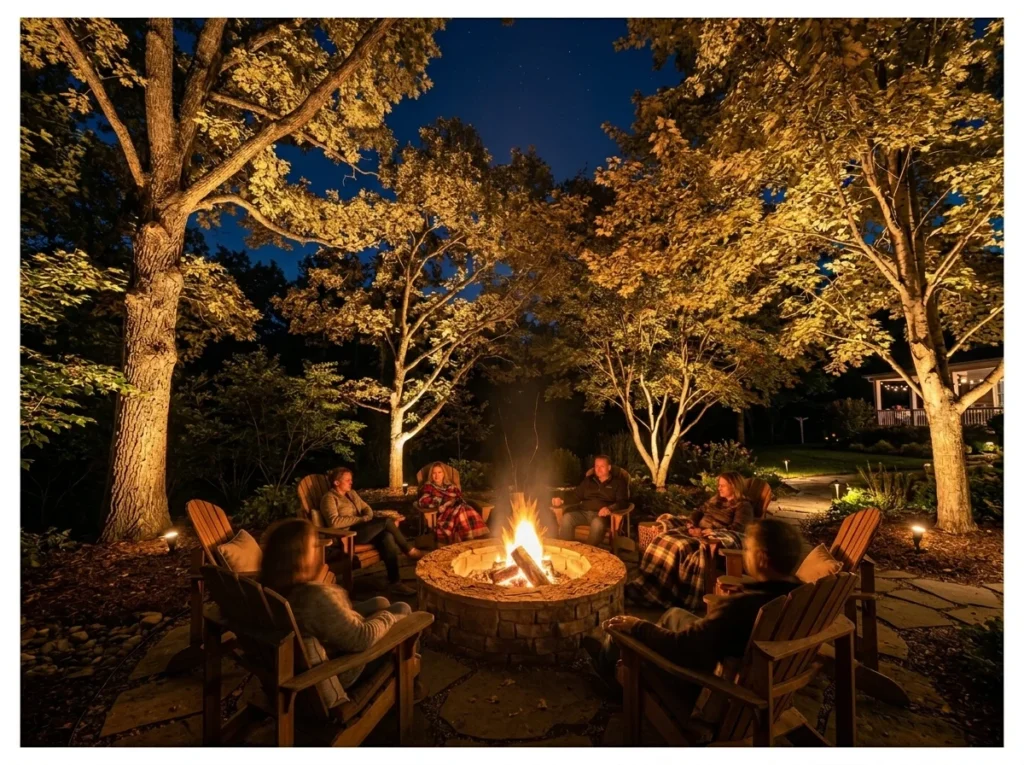 Tree Uplighting Around the Fire Pit