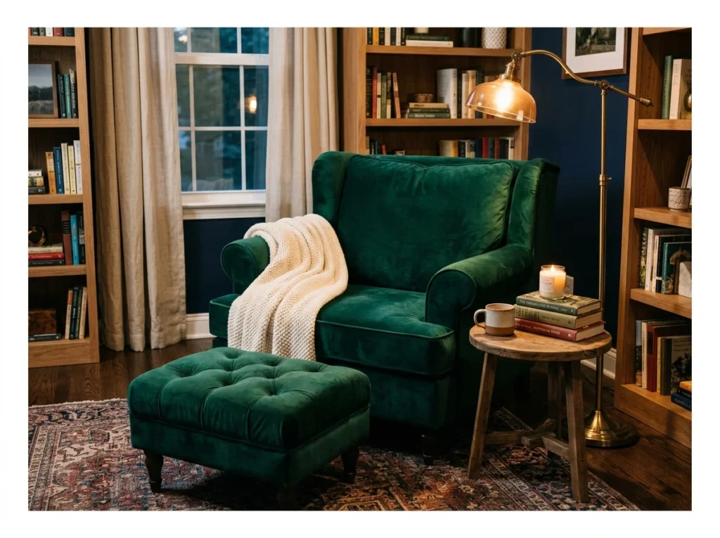 Velvet Armchair Reading Corner