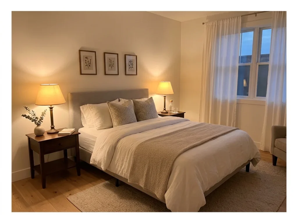 Warm Bedside Lamp on Each Side