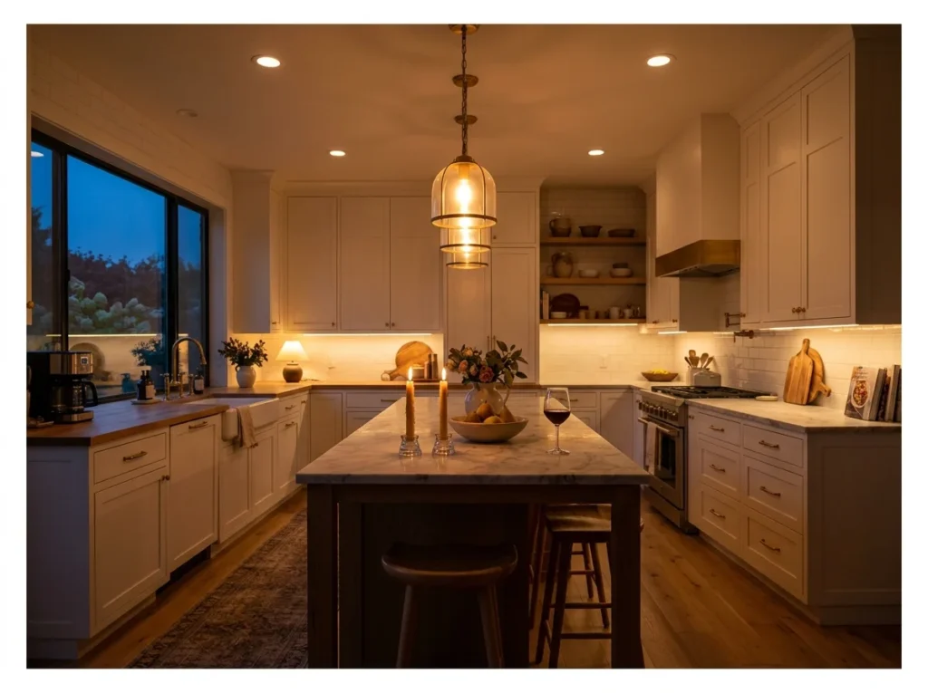 White Kitchen with Warm Lighting Layers