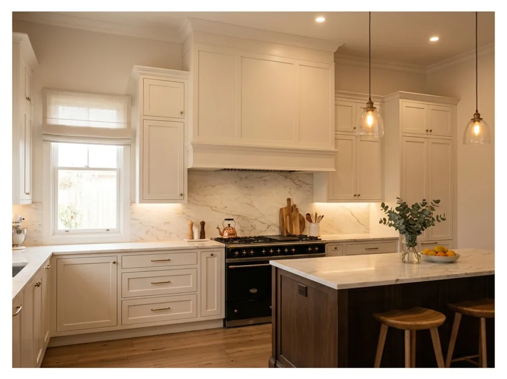 Warm White Kitchen with Integrated Range Hood