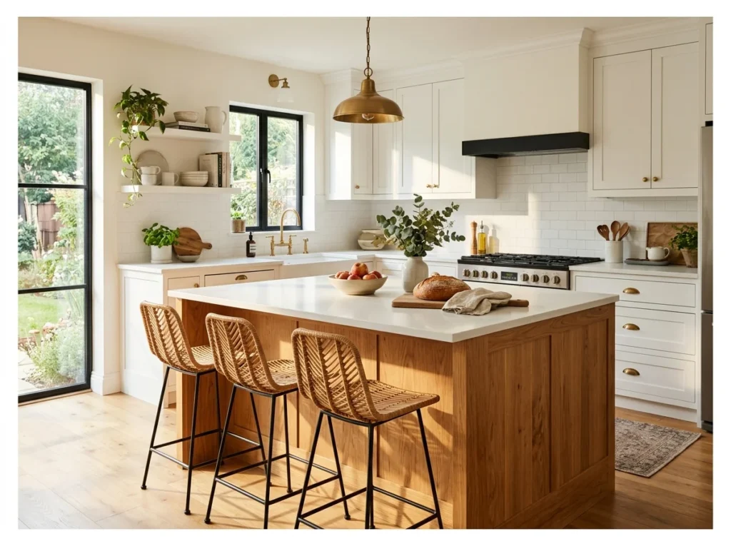 Natural Timber Island in a White Kitchen