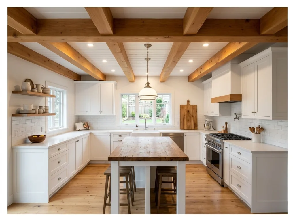 White Kitchen with Warm Wood Ceiling Beams