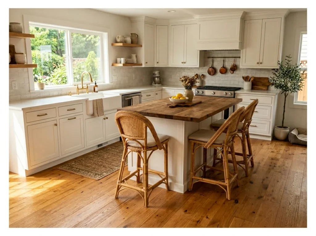 Hardwood Floor in a White Kitchen