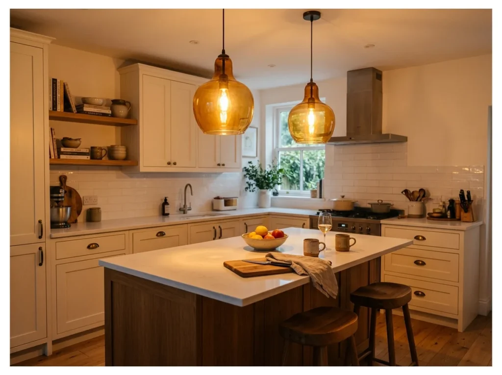 Warm Pendant Lights Over the Island
